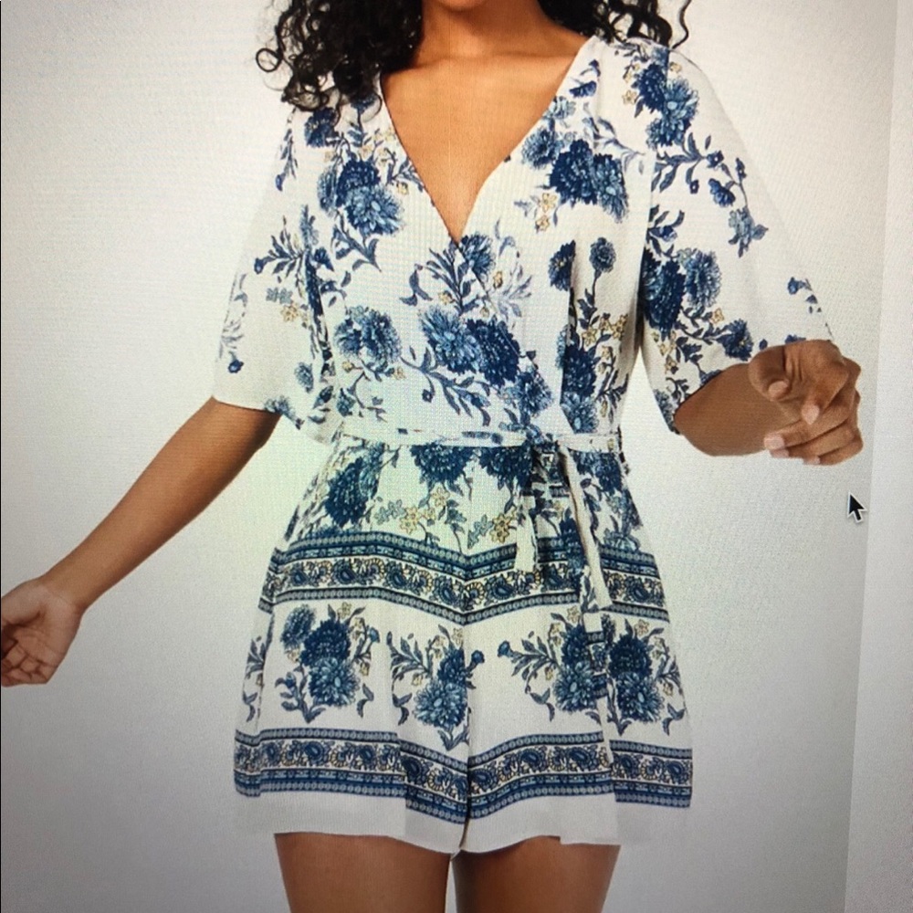 Trixxi White Romper with Blue Floral Print